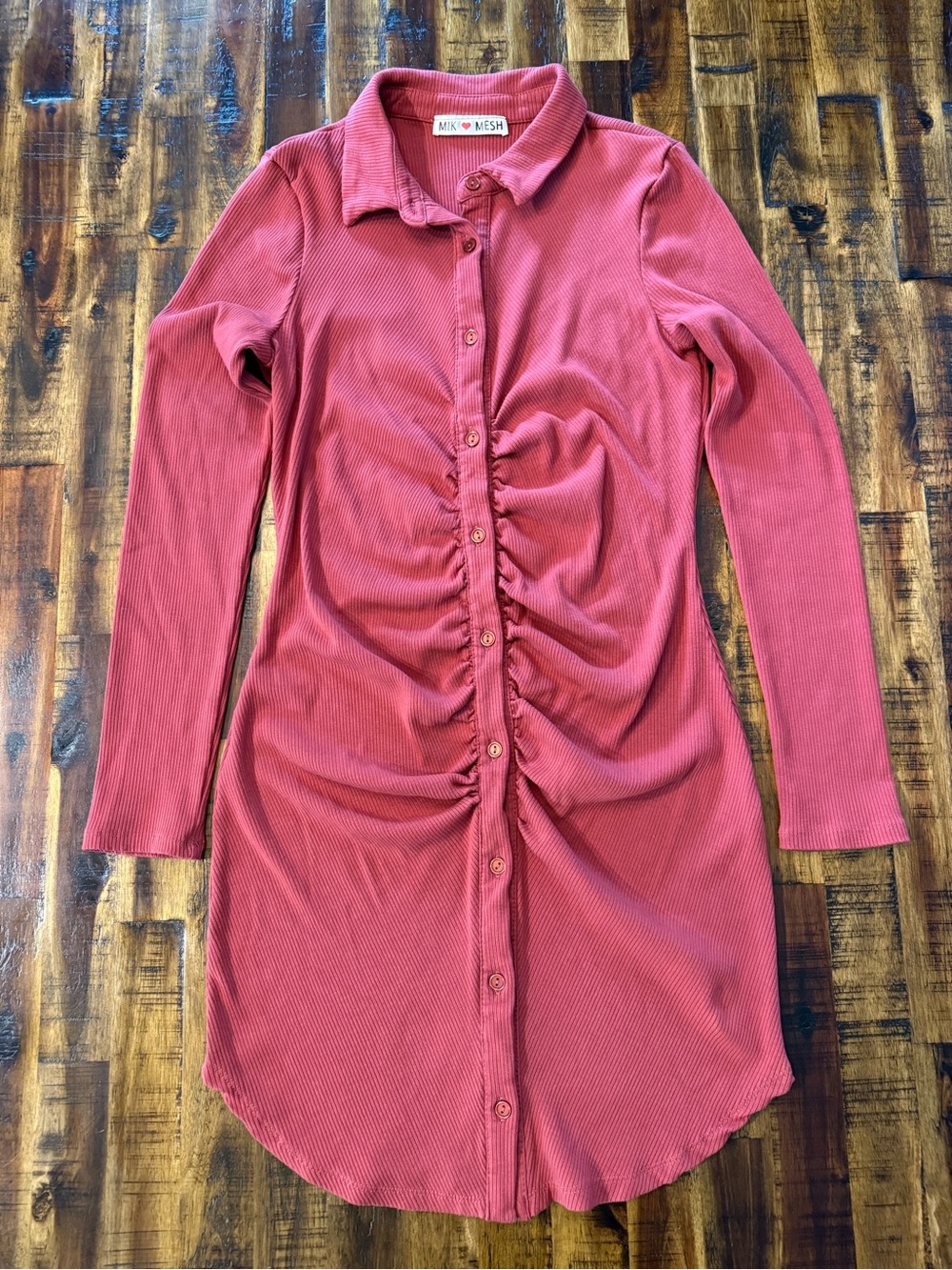 🌵Mik Mesh Women's button up Ruched waist collared dress. red-orange long sleeve
